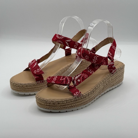 Nine West Glampin Red Bandana Print Espadrille Wedge Sandals Women 10.5M - Picture 6 of 11